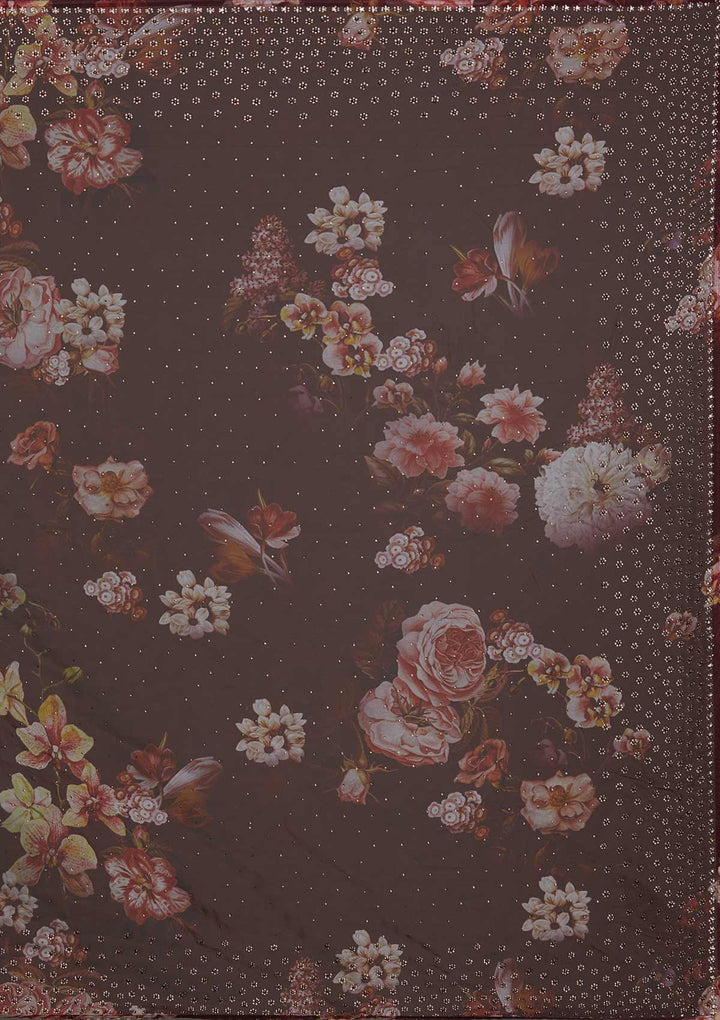 Dark Maroon Swarovski Tissue Saree - Koskii