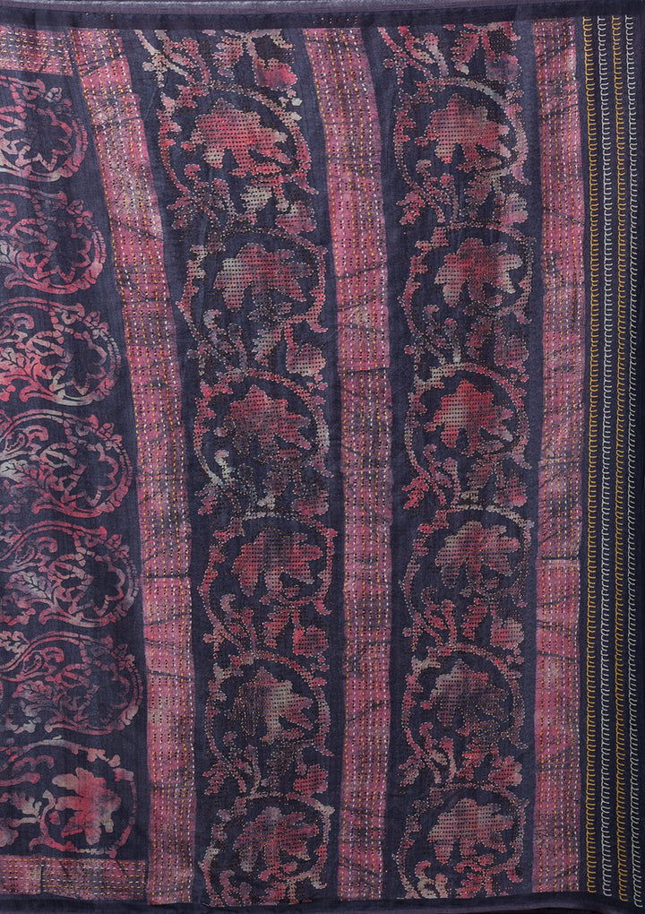 Dark Grey Floral Printed Semi Crepe Saree-Koskii