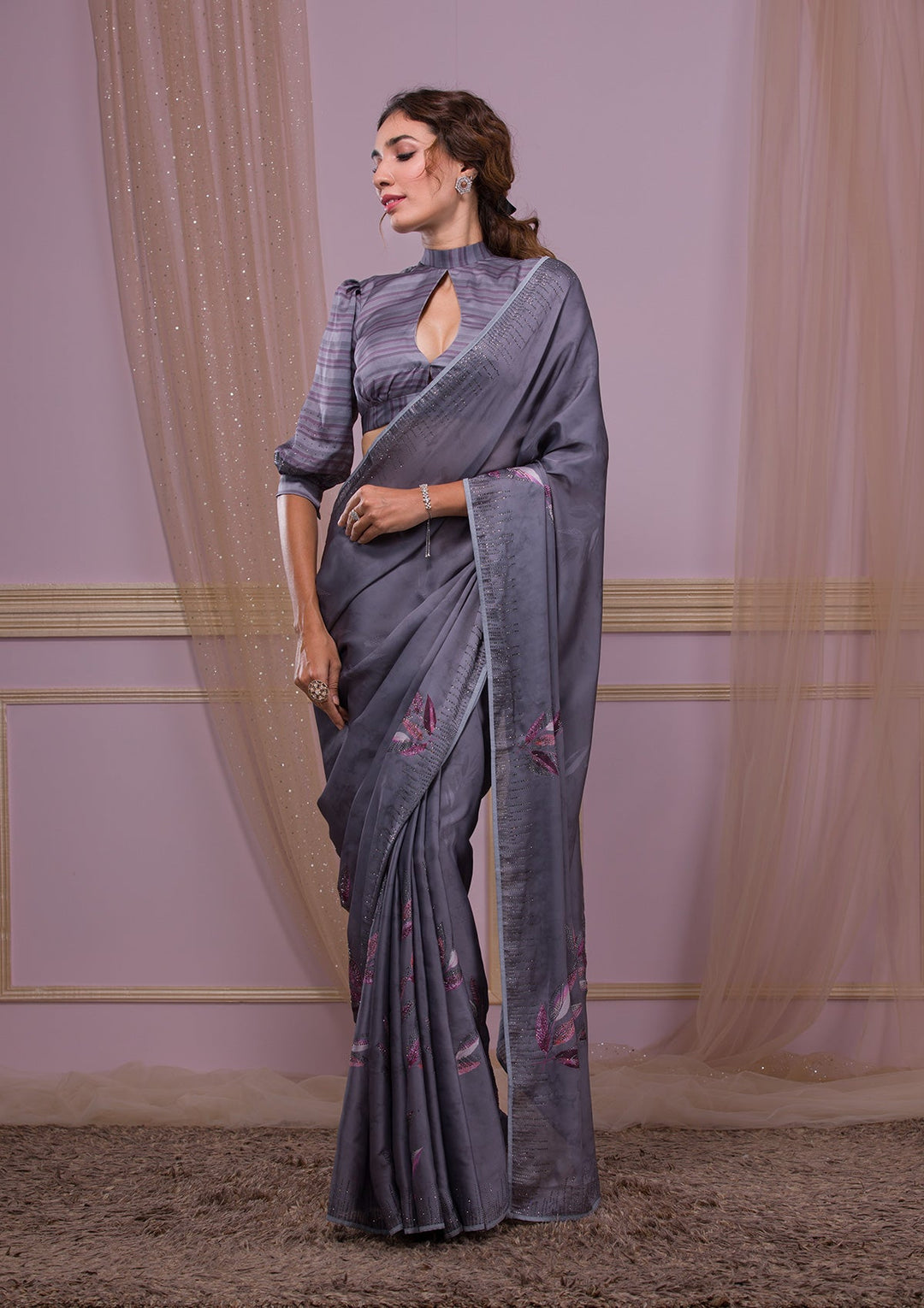Peach Thread Work Satin Designer Saree-Koskii
