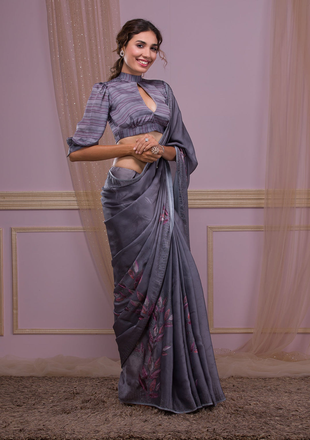 Peach Thread Work Satin Designer Saree-Koskii