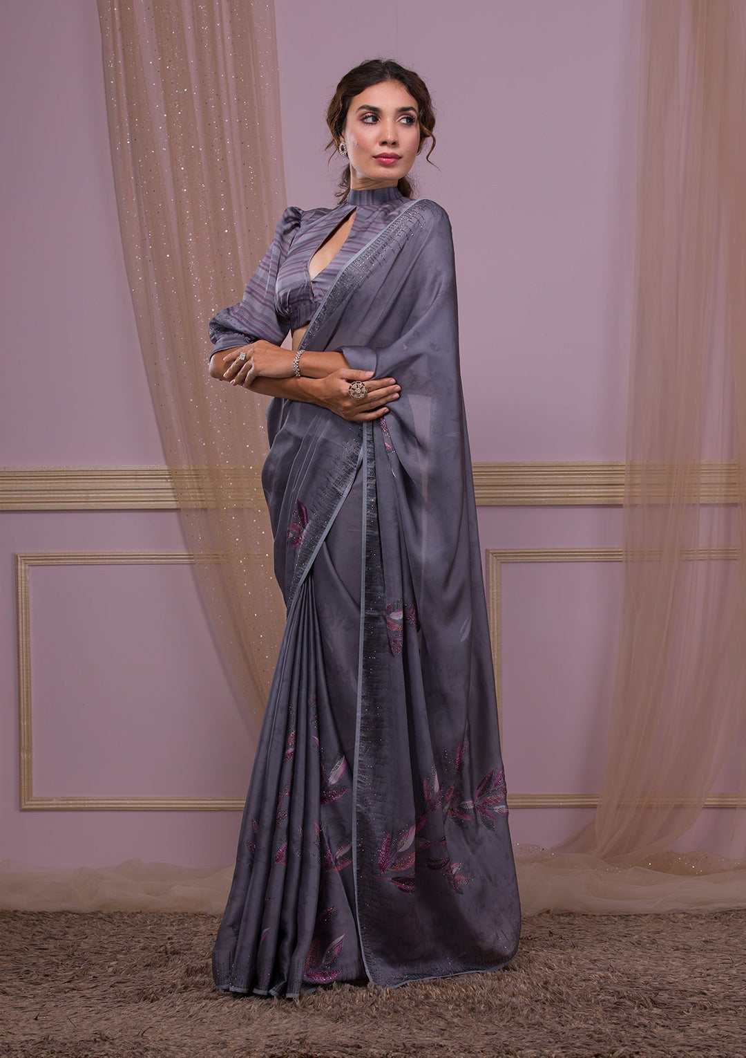 Peach Thread Work Satin Designer Saree-Koskii