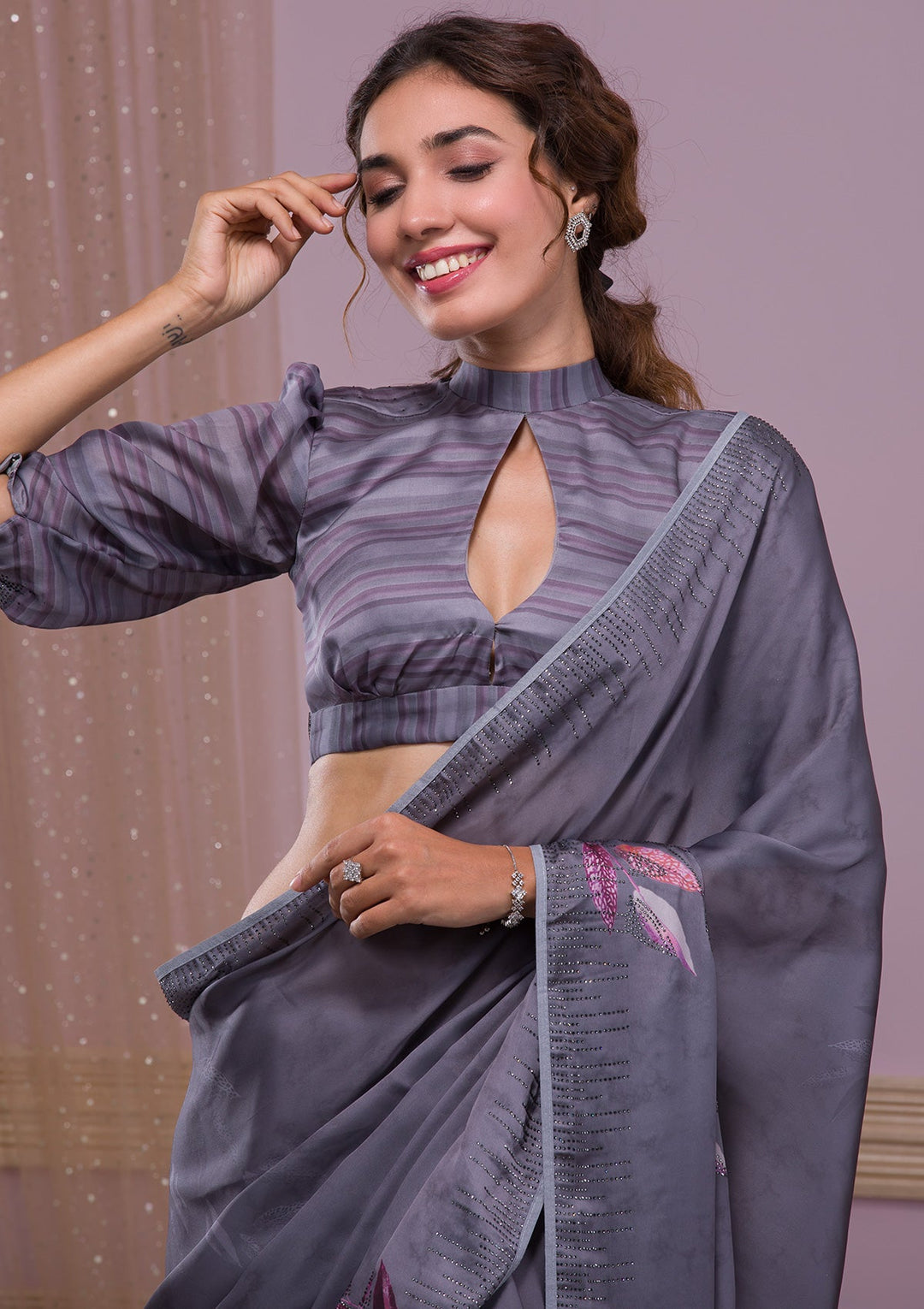 Peach Thread Work Satin Designer Saree-Koskii