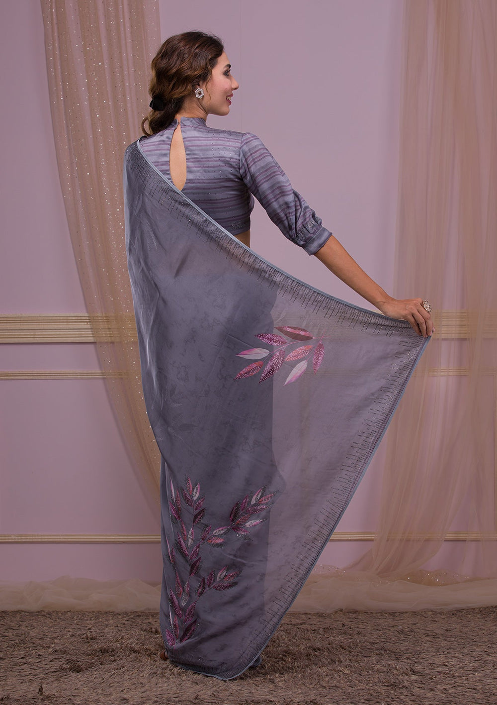 Peach Thread Work Satin Designer Saree-Koskii