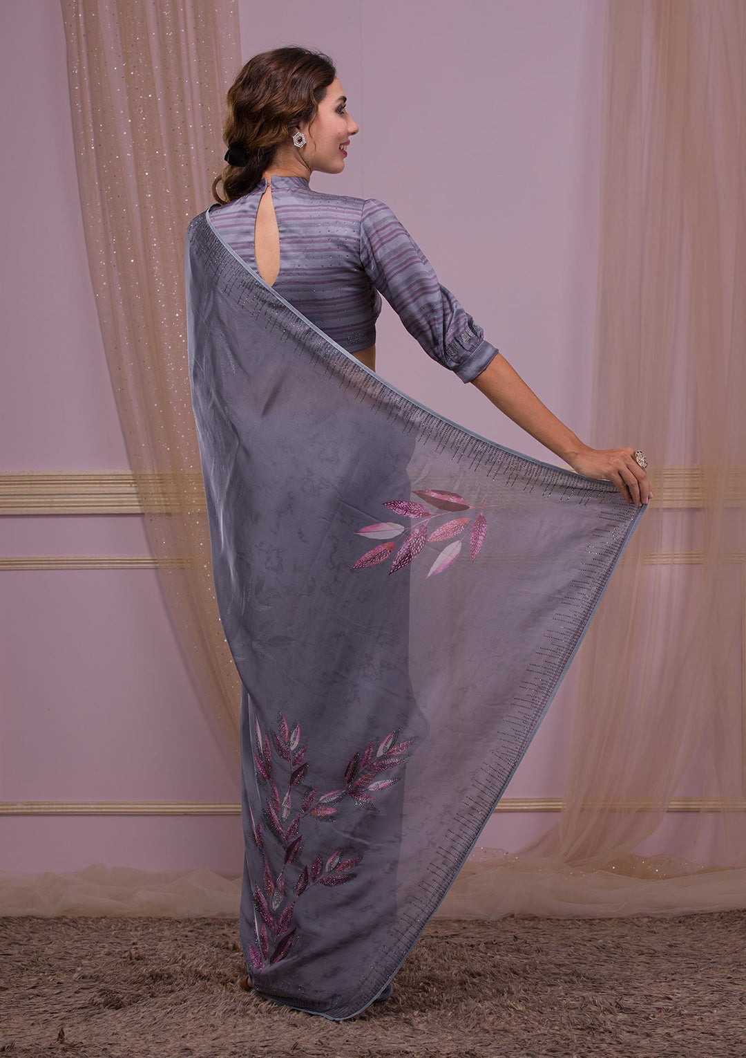 Peach Thread Work Satin Designer Saree-Koskii