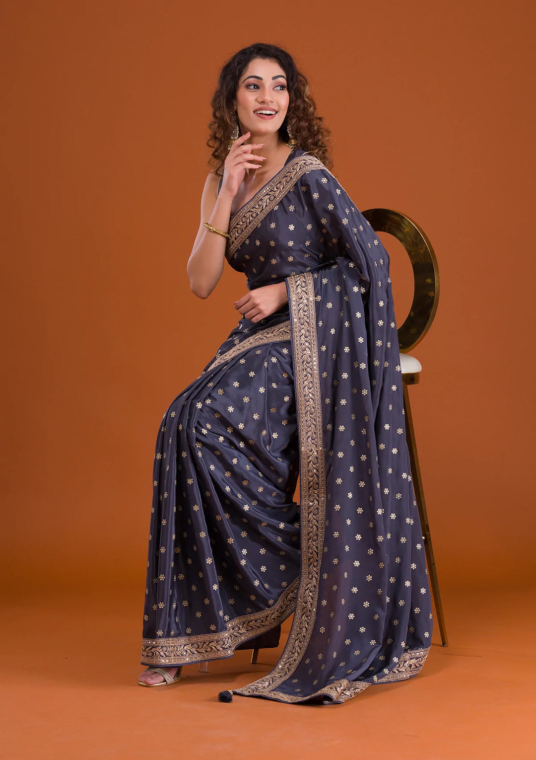 Dark Grey Sequins Semi Crepe Saree-Koskii