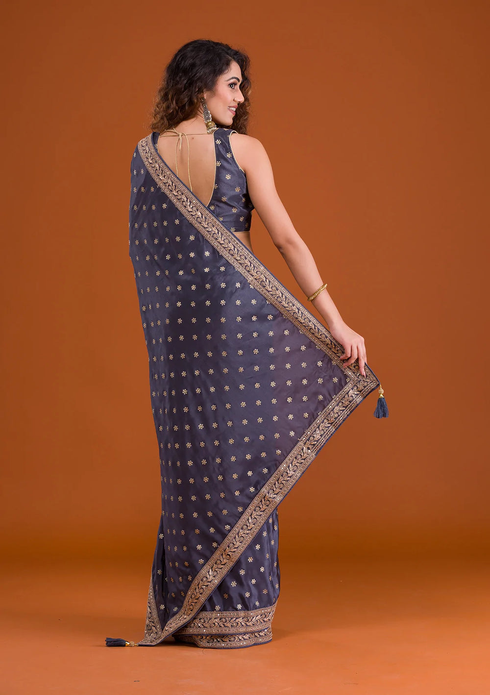 Dark Grey Sequins Semi Crepe Saree-Koskii