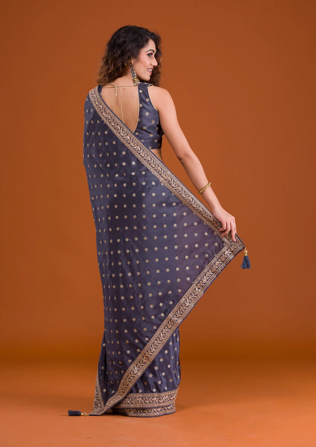 Dark Grey Sequins Semi Crepe Saree-Koskii