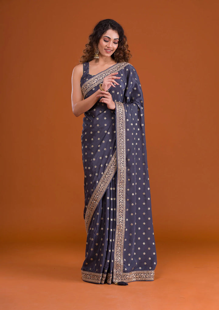 Dark Grey Sequins Semi Crepe Saree-Koskii