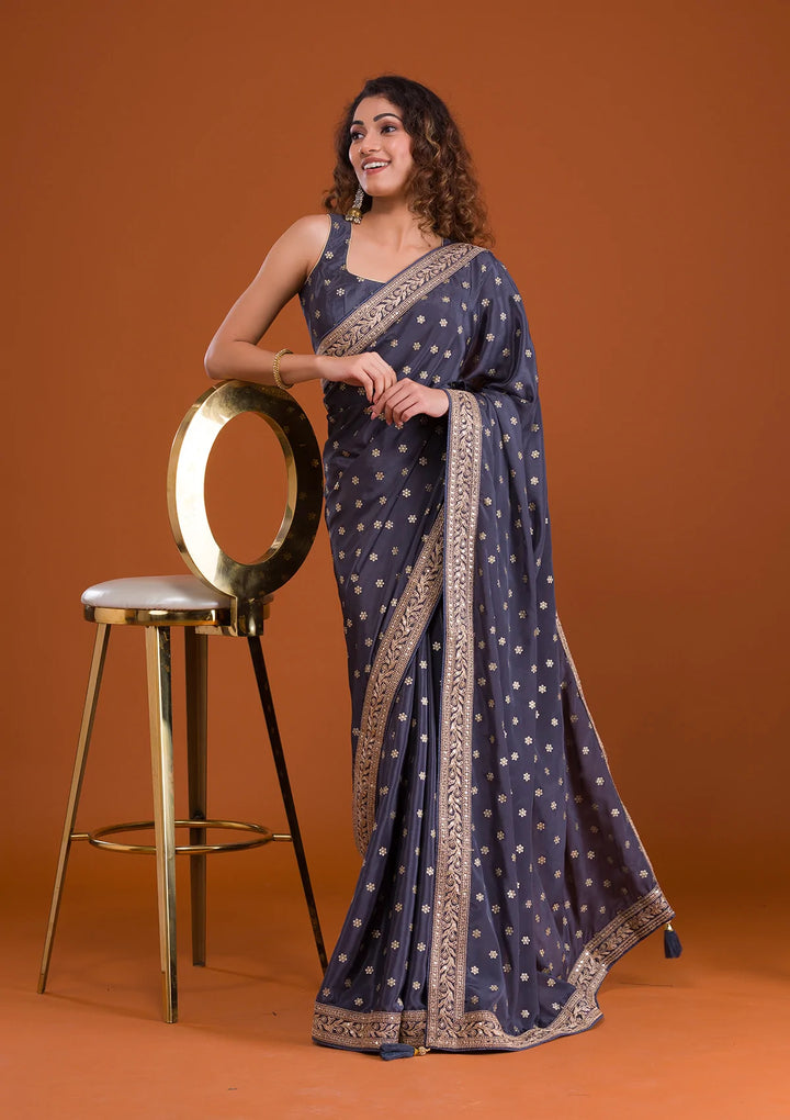 Dark Grey Sequins Semi Crepe Saree-Koskii