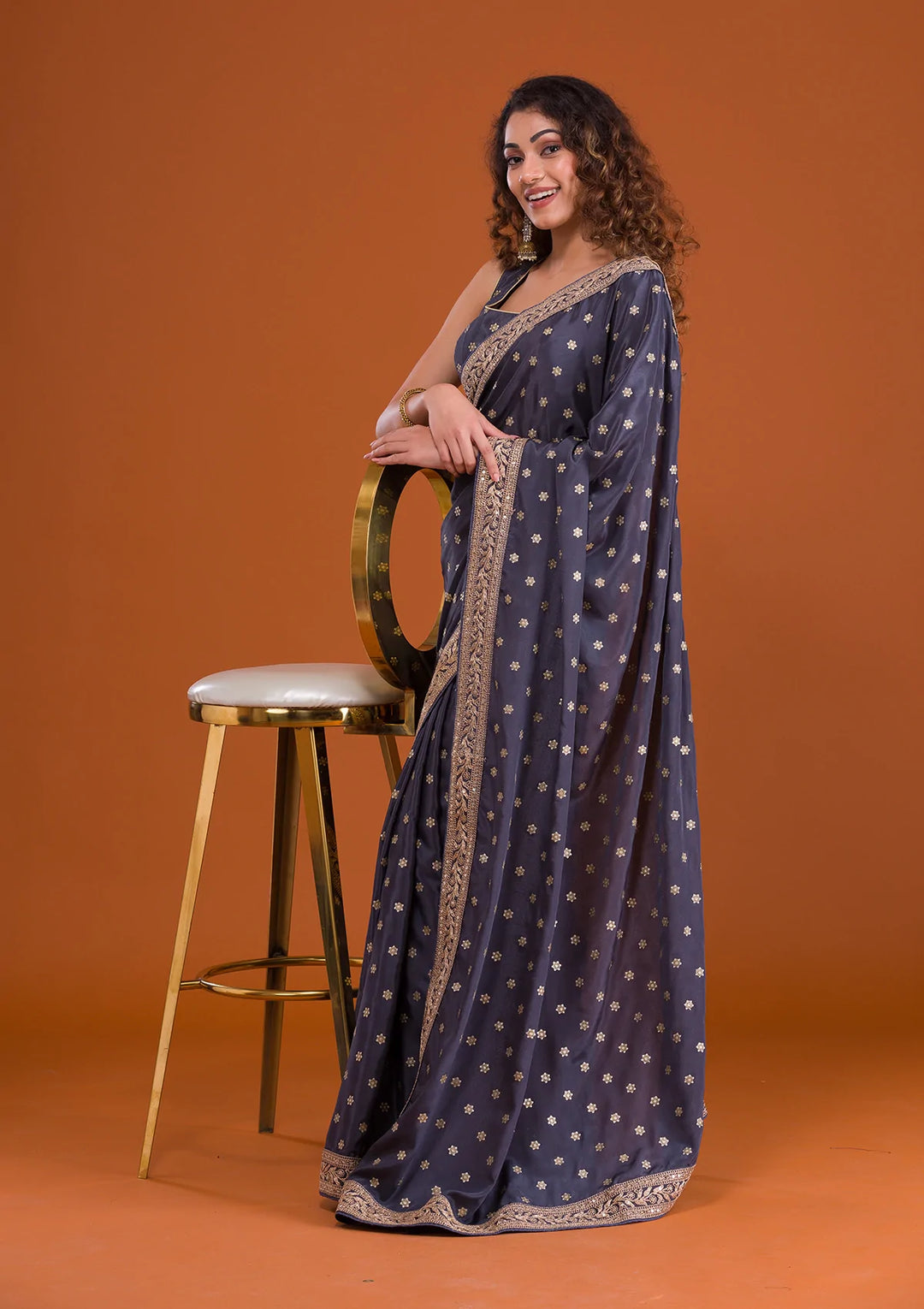 Dark Grey Sequins Semi Crepe Saree-Koskii