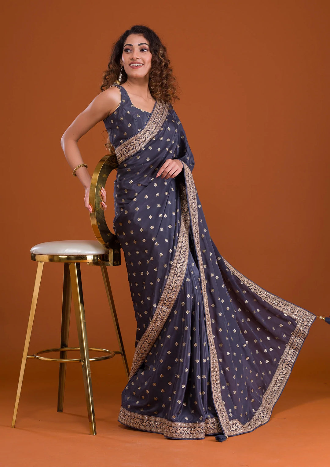 Dark Grey Sequins Semi Crepe Saree-Koskii