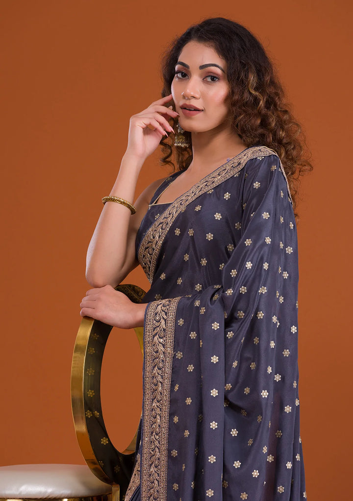 Dark Grey Sequins Semi Crepe Saree-Koskii