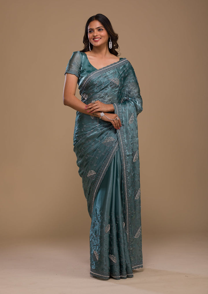 Ocean Blue Stonework Tissue Saree-Koskii