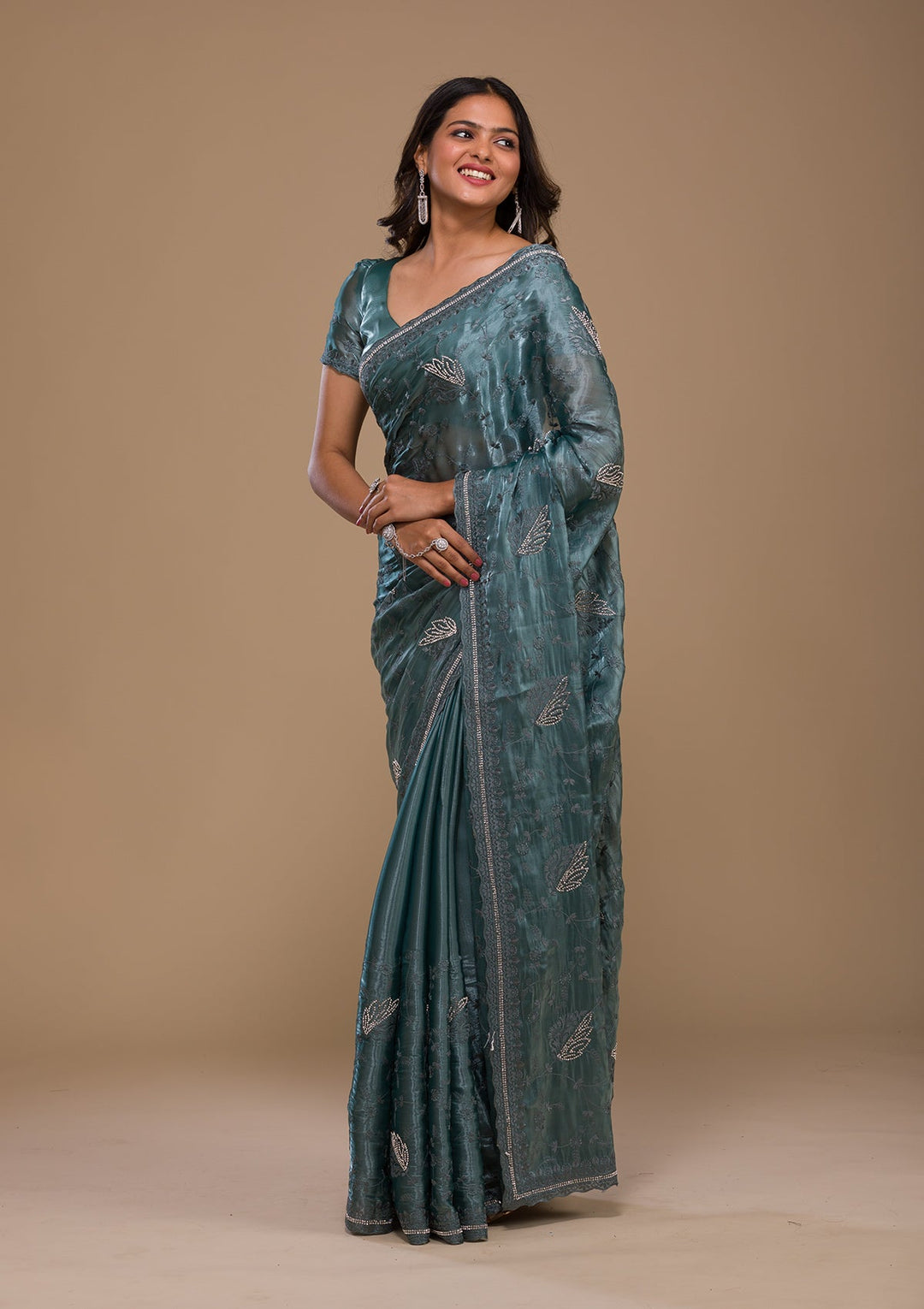 Ocean Blue Stonework Tissue Saree-Koskii