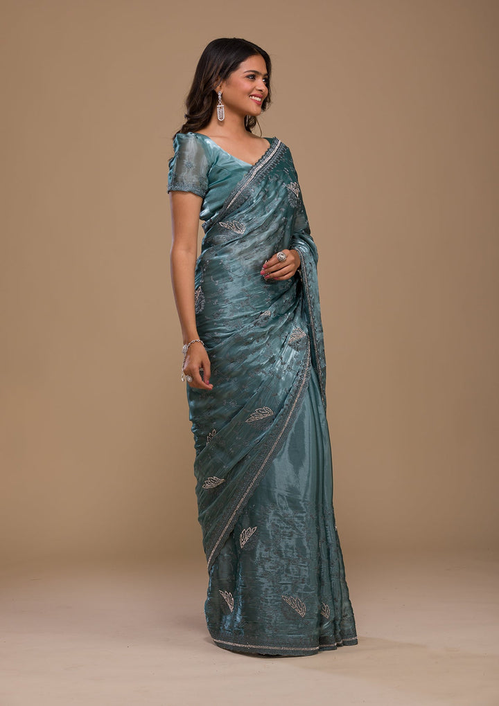 Ocean Blue Stonework Tissue Saree-Koskii