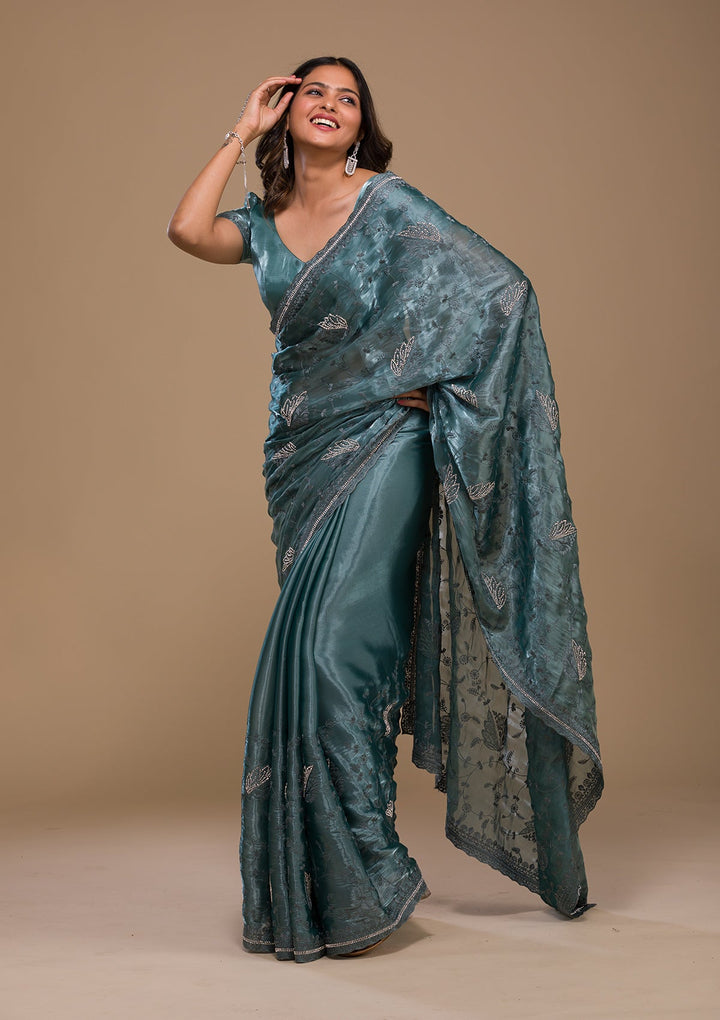 Ocean Blue Stonework Tissue Saree-Koskii