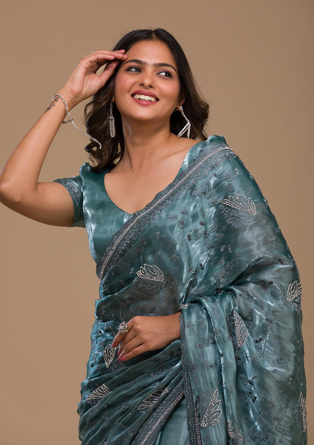 Ocean Blue Stonework Tissue Saree-Koskii