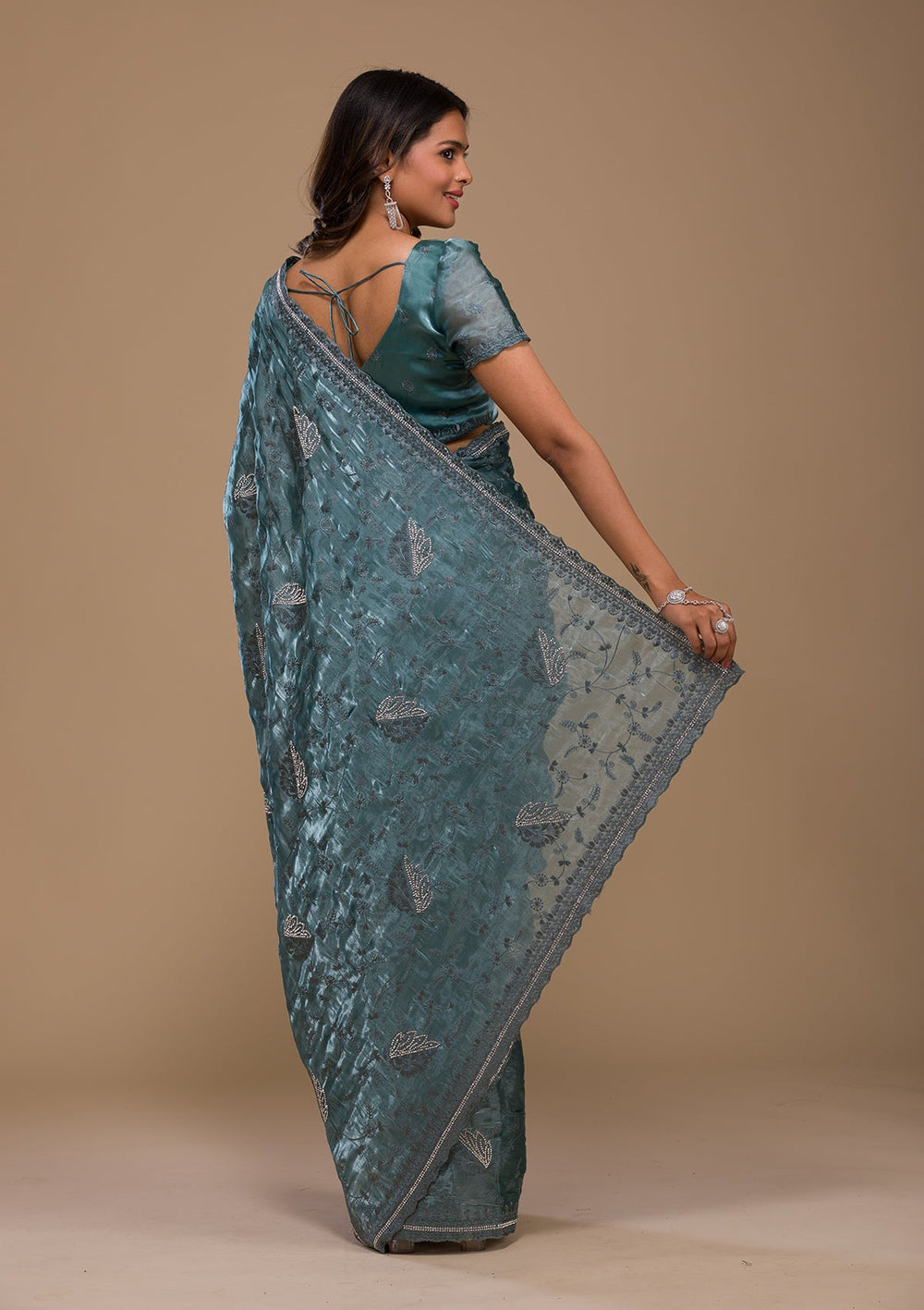 Ocean Blue Stonework Tissue Saree-Koskii