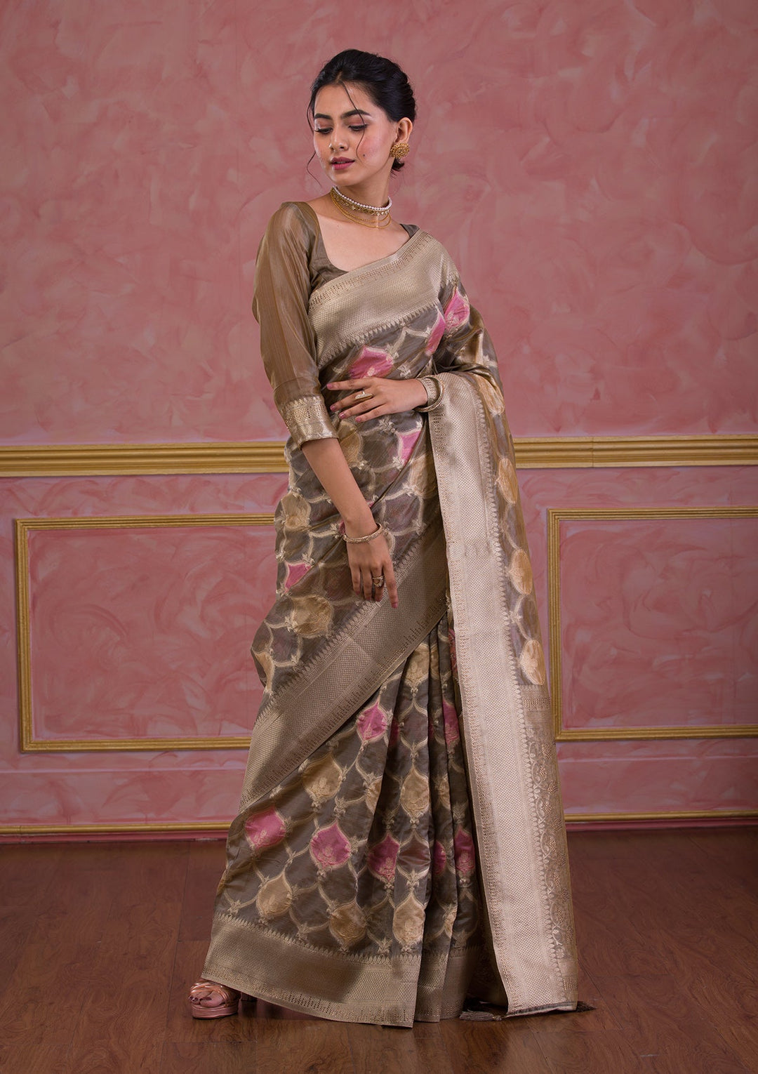 Dark Grey Swarovski Brocade Saree-Koskii