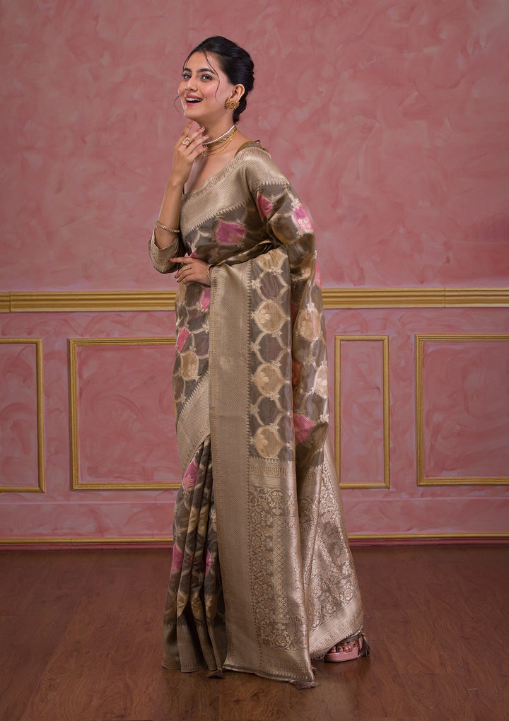 Dark Grey Swarovski Brocade Saree-Koskii