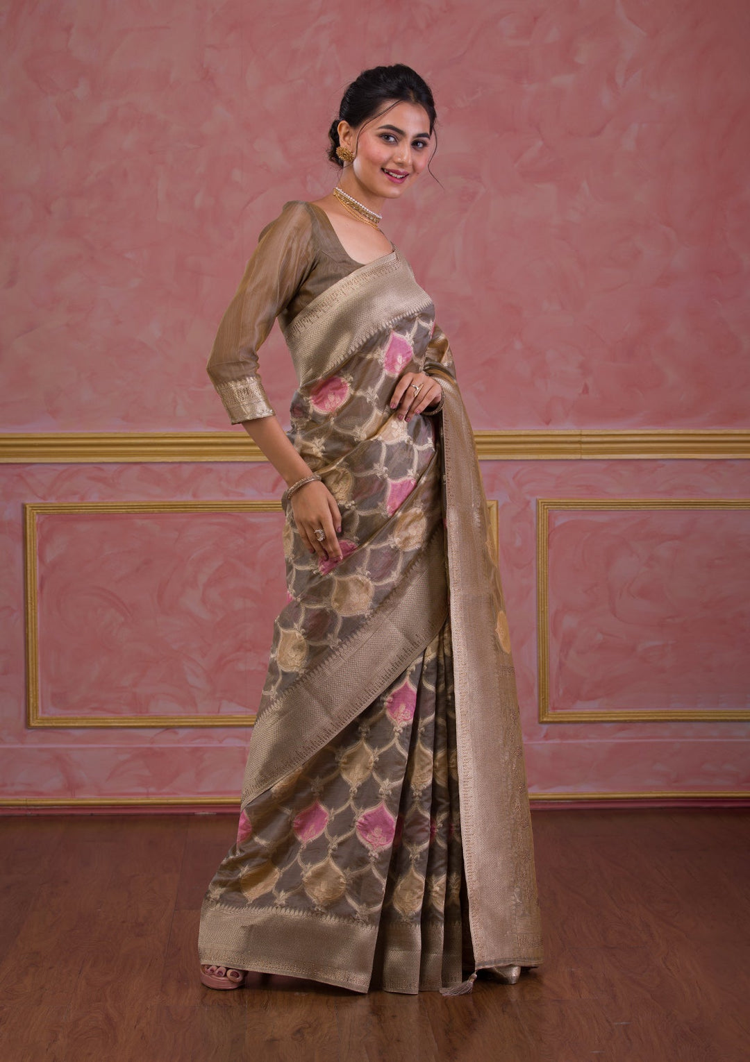 Dark Grey Swarovski Brocade Saree-Koskii