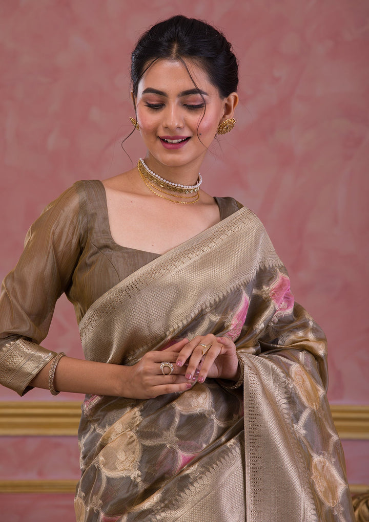 Dark Grey Swarovski Brocade Saree-Koskii