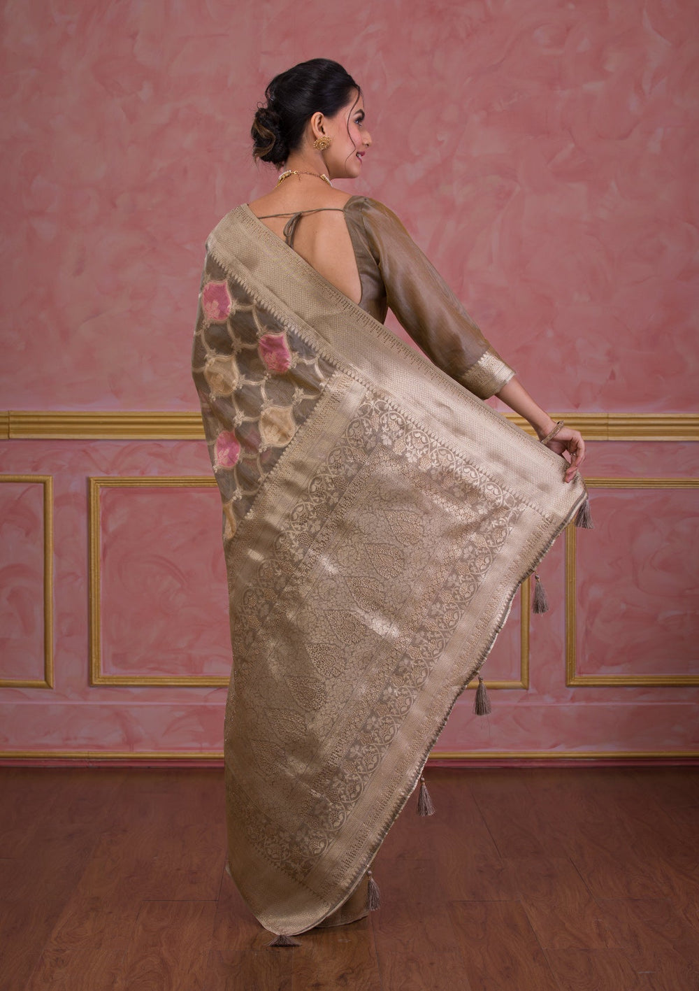 Dark Grey Swarovski Brocade Saree-Koskii