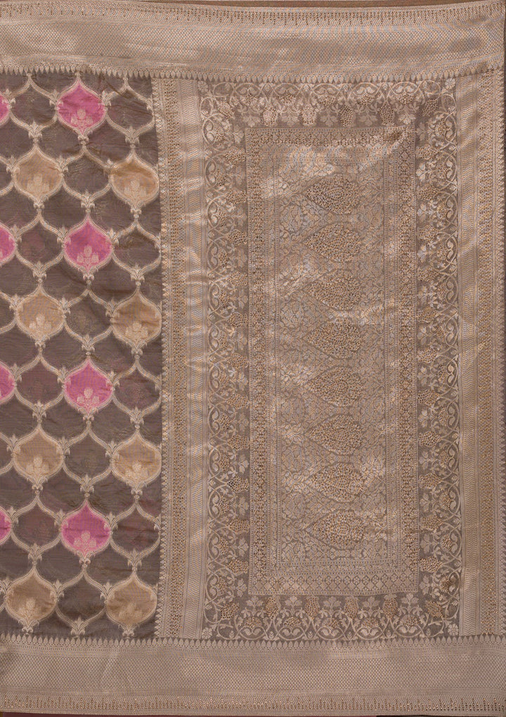 Dark Grey Swarovski Brocade Saree-Koskii
