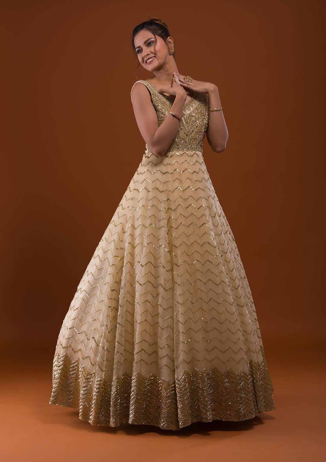 Gold Cutdana Net Designer Gown-Koskii