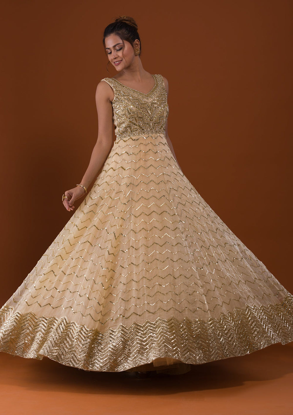 Gold Cutdana Net Designer Gown-Koskii