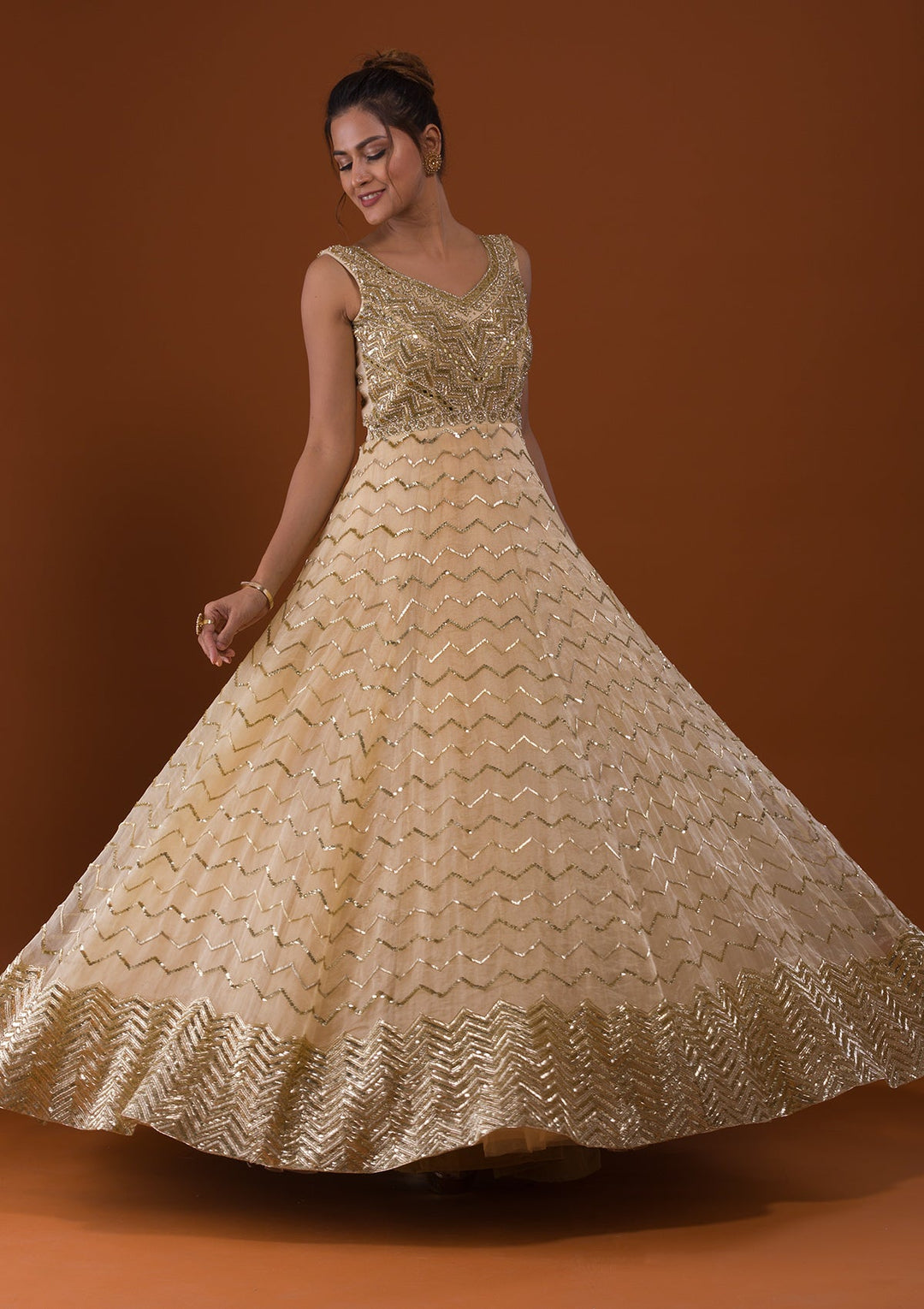 Gold Cutdana Net Designer Gown-Koskii