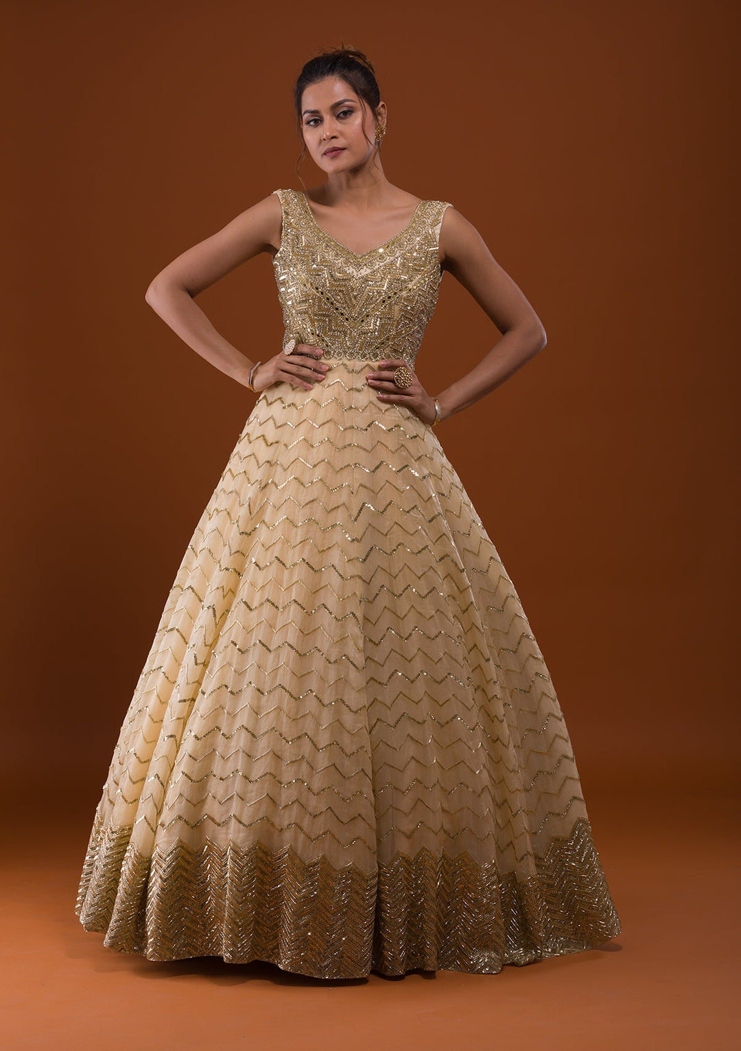 Gold Cutdana Net Designer Gown-Koskii