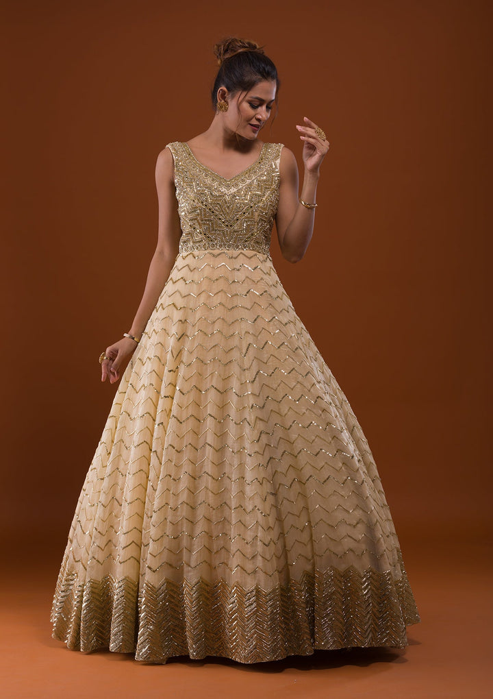 Gold Cutdana Net Designer Gown-Koskii