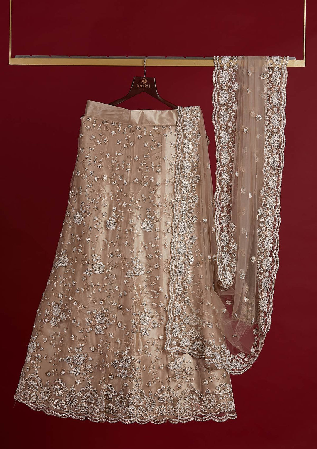 Gold Glitter Net Designer Semi-Stitched Lehenga - koskii