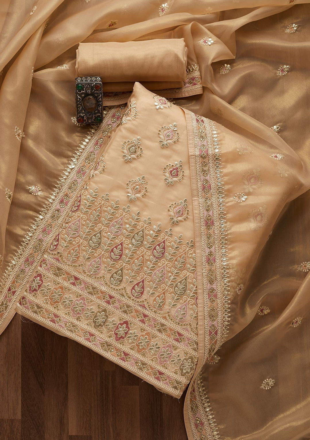 Gold Gotapatti Georgette Unstitched Salwar Suit-Koskii