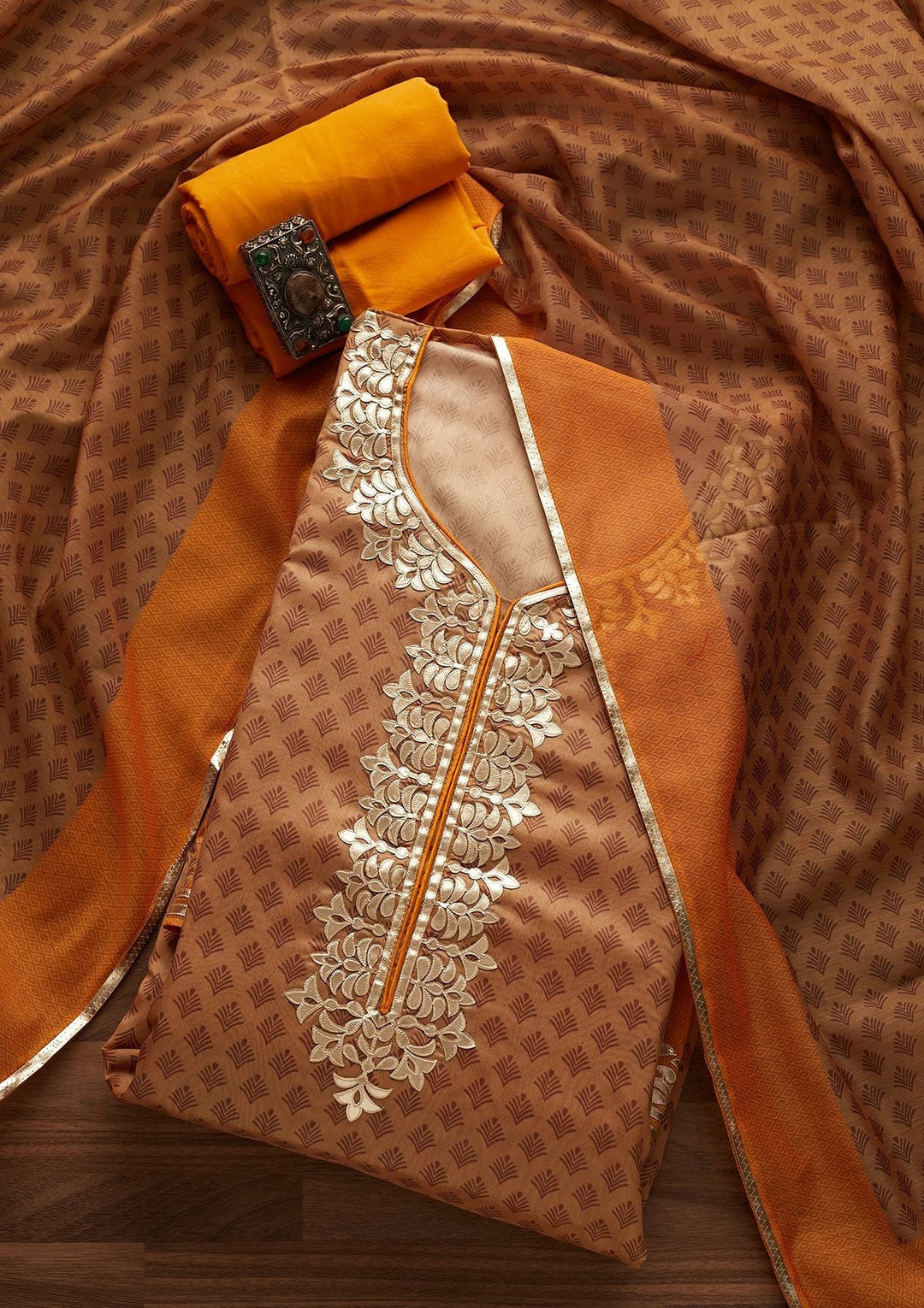 Gold Gotapatti Semi Crepe Designer Unstitched Salwar Suit - Koskii