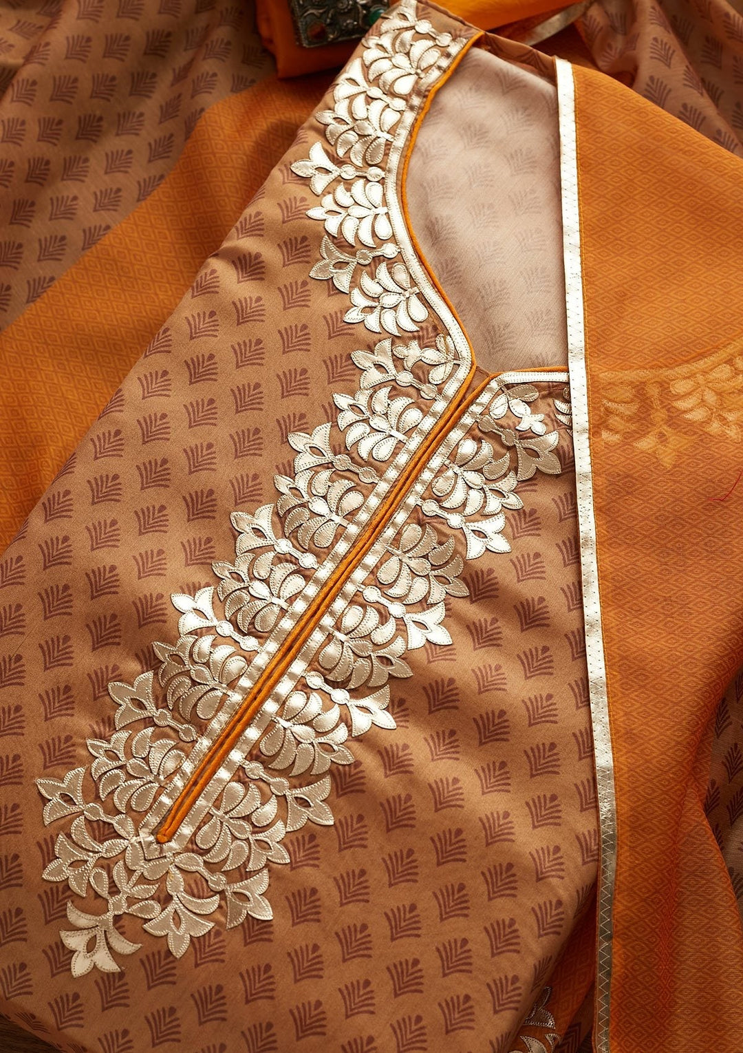 Gold Gotapatti Semi Crepe Designer Unstitched Salwar Suit - Koskii