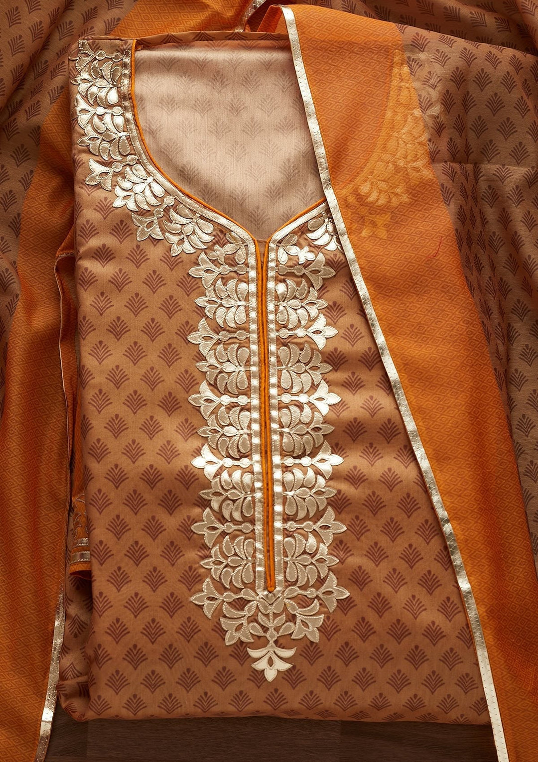 Gold Gotapatti Semi Crepe Designer Unstitched Salwar Suit - Koskii