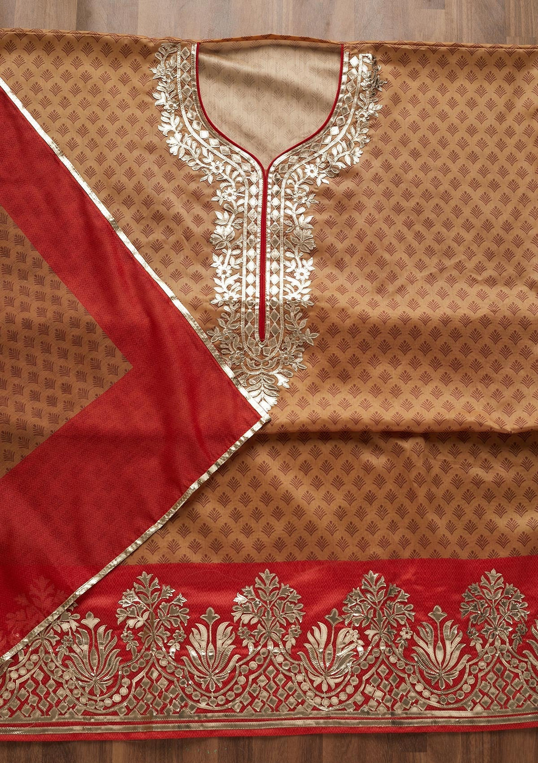 Gold Gotapatti Semi Crepe Unstitched Salwar Suit - Koskii