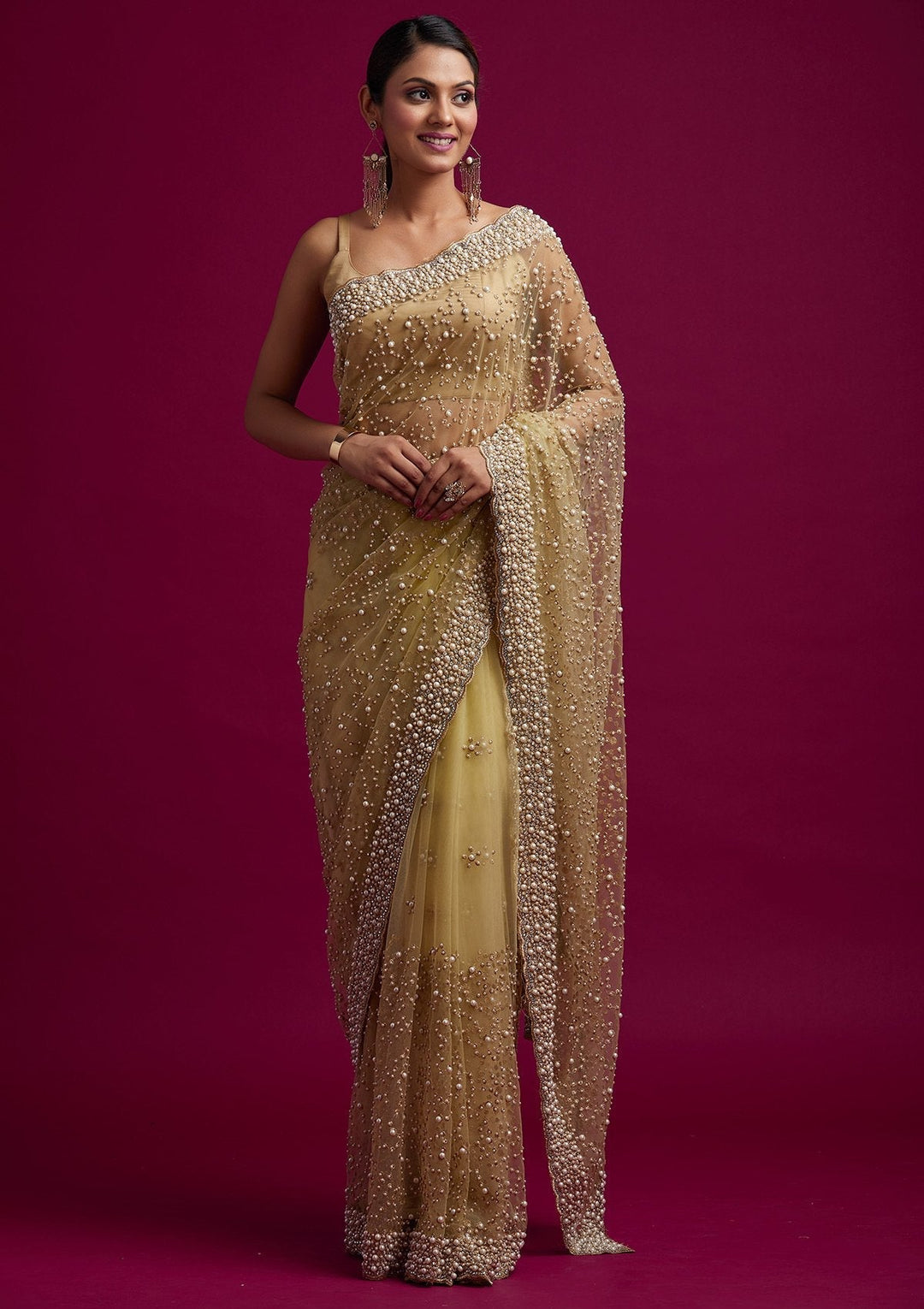 Gold Pearlwork Net Designer Saree - koskii