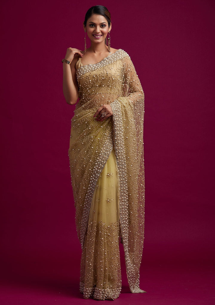 Gold Pearlwork Net Designer Saree - koskii