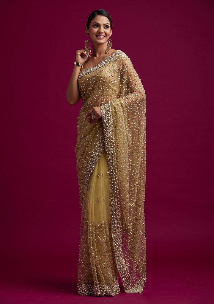 Gold Pearlwork Net Designer Saree - koskii
