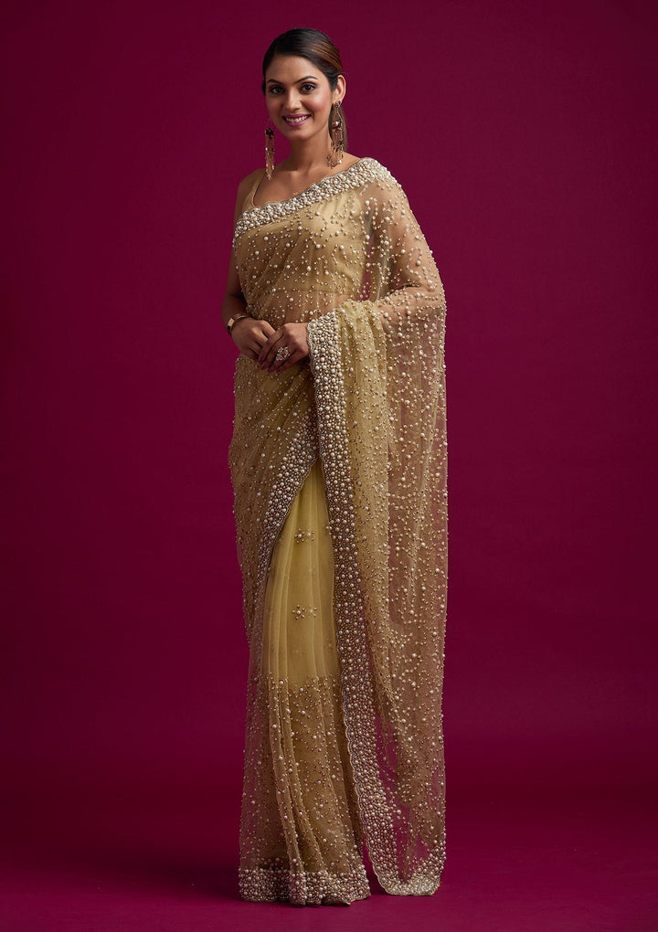 Gold Pearlwork Net Designer Saree - koskii