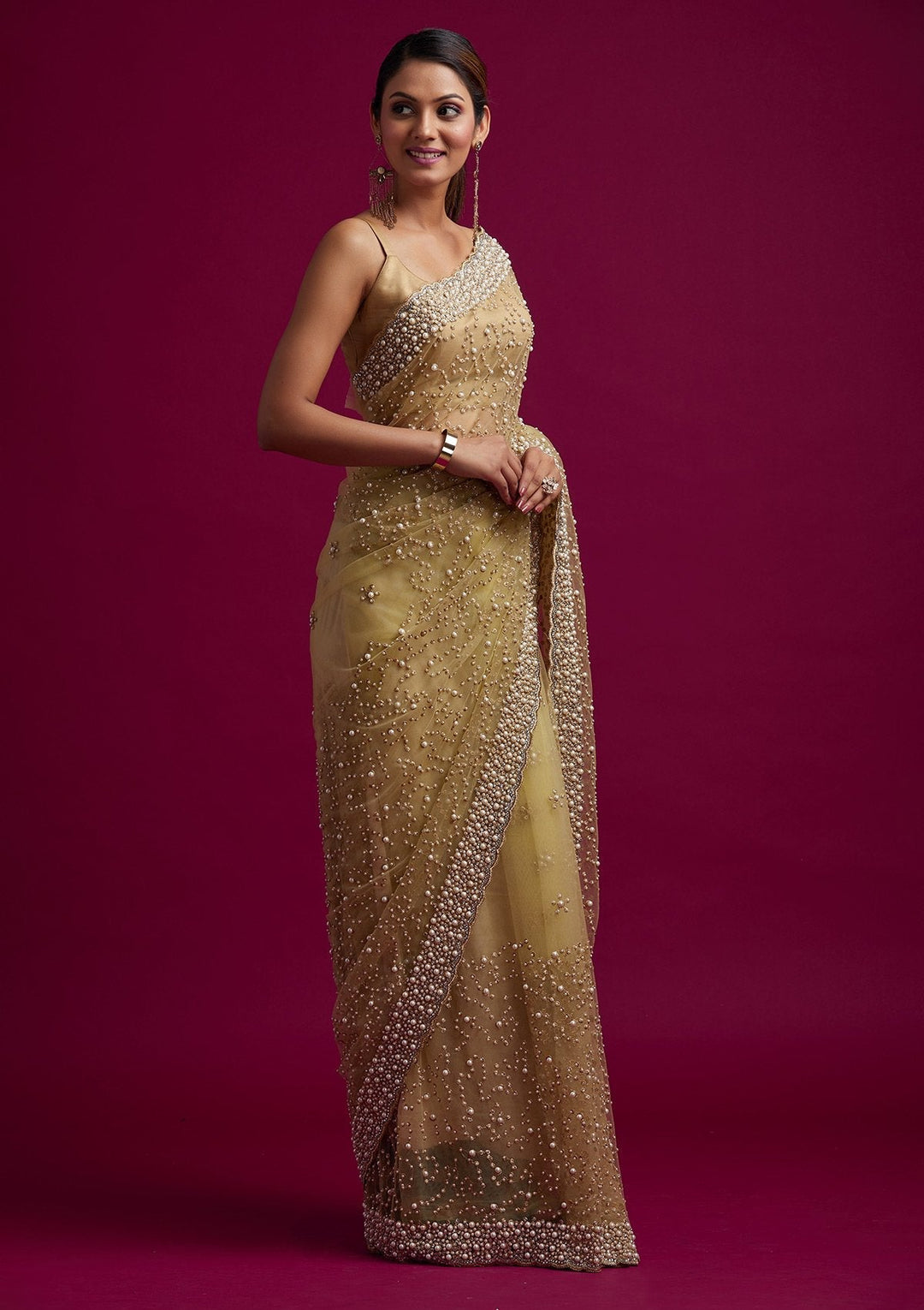 Gold Pearlwork Net Designer Saree - koskii