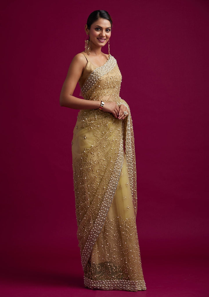 Gold Pearlwork Net Designer Saree - koskii