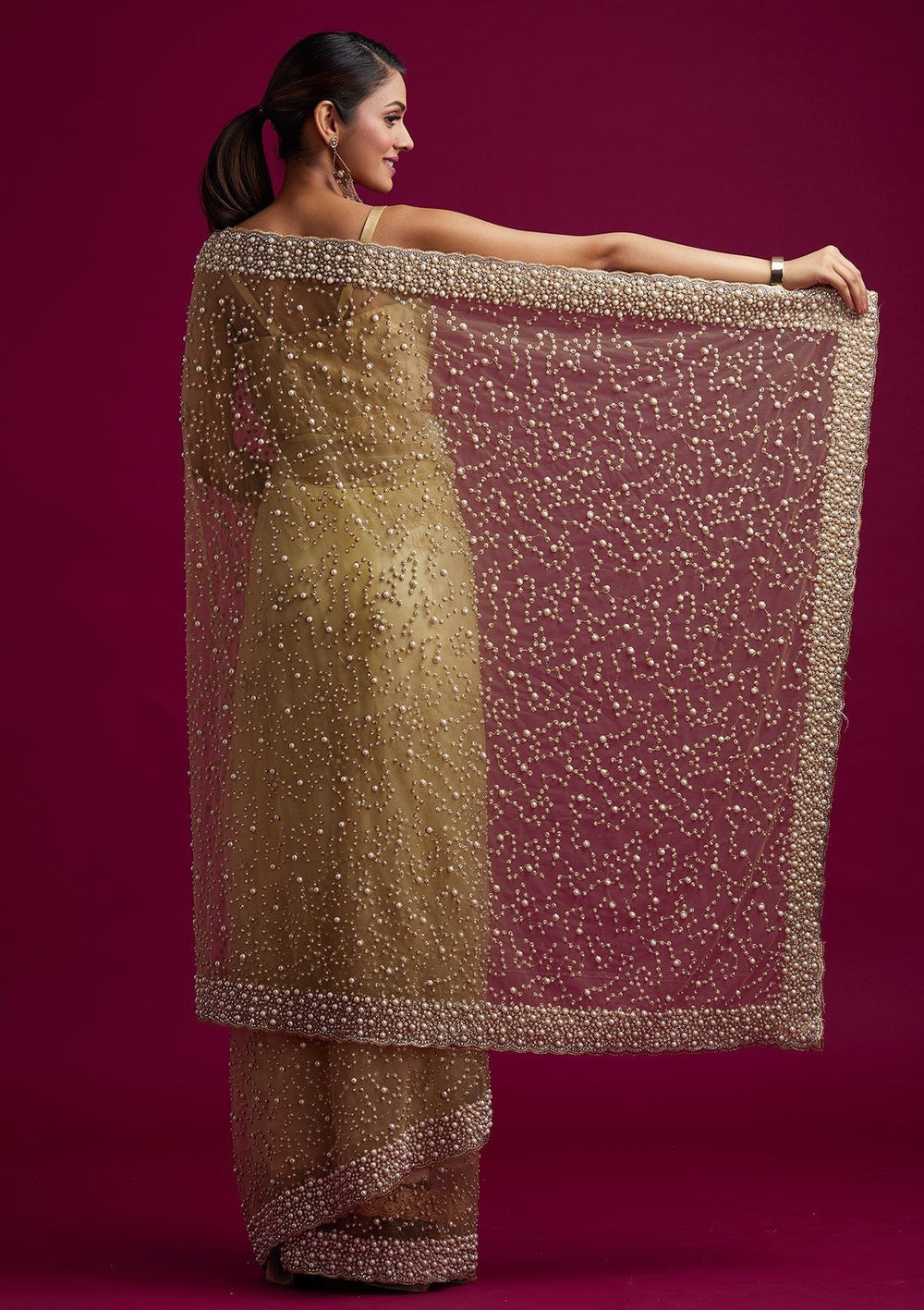 Gold Pearlwork Net Designer Saree - koskii