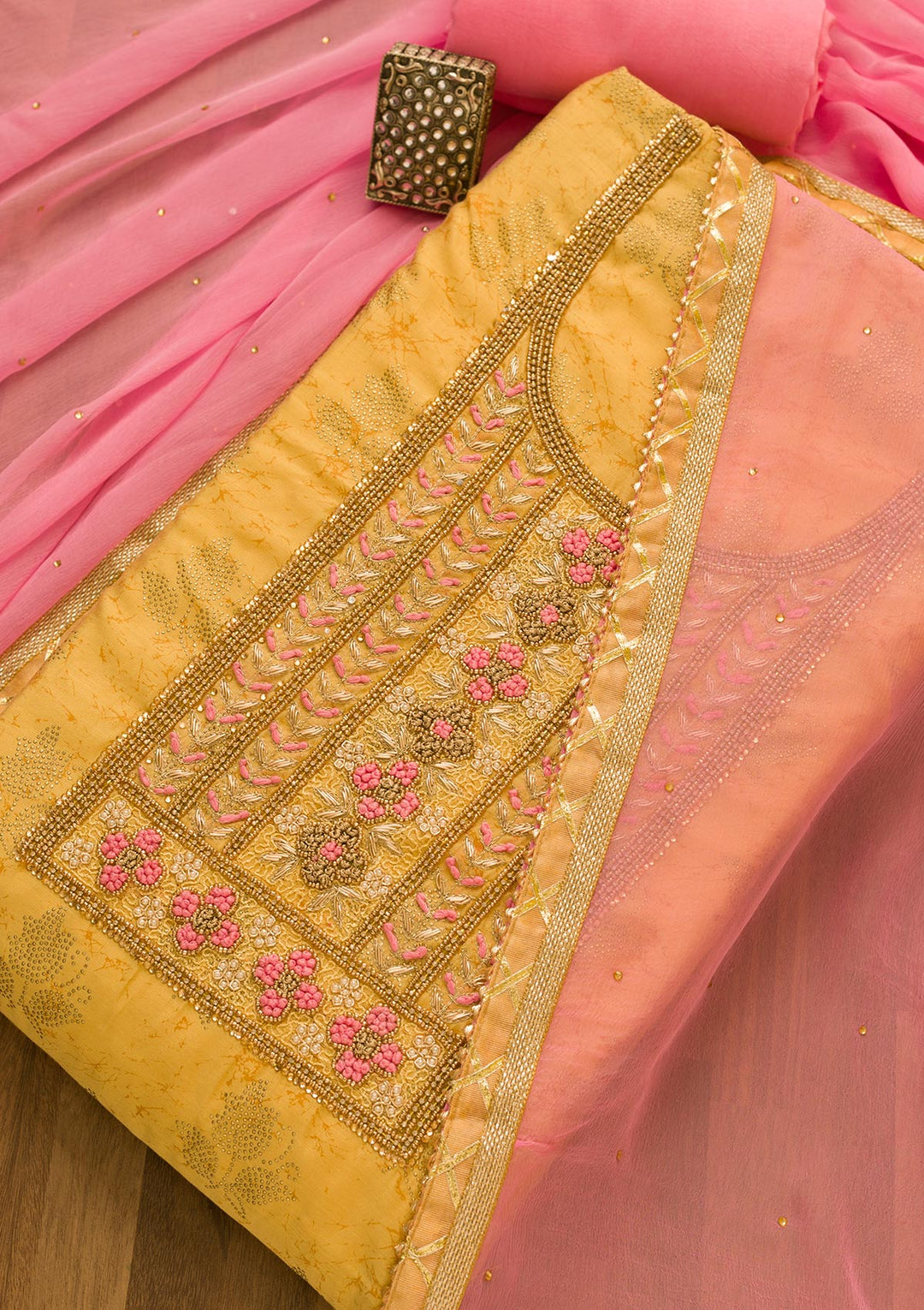 Gold Pearlwork Semi Crepe Unstitched Salwar Kameez-Koskii