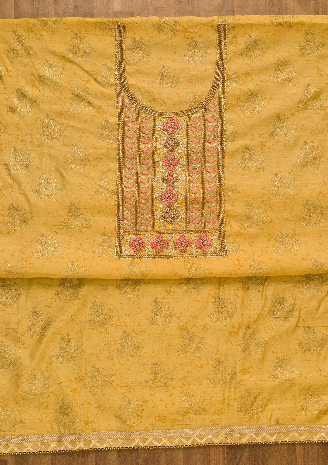 Gold Pearlwork Semi Crepe Unstitched Salwar Kameez-Koskii