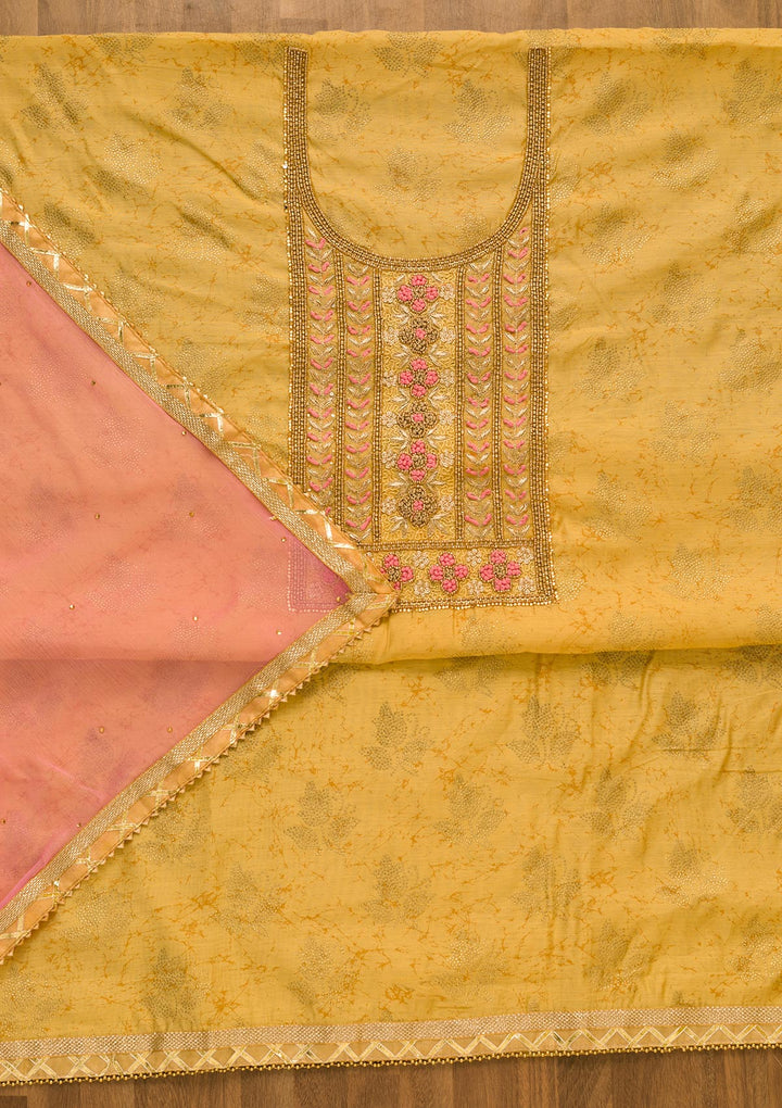Gold Pearlwork Semi Crepe Unstitched Salwar Kameez-Koskii