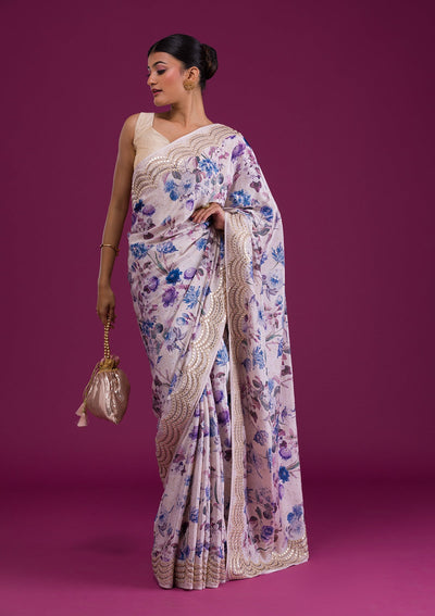 Gold Printed Semi Crepe Saree-Koskii